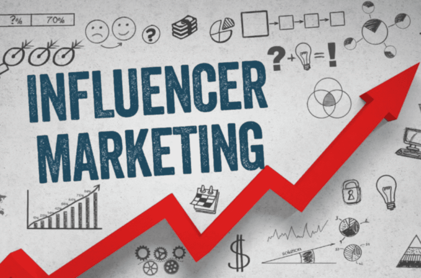 Influencer Marketing is written in art way and there is red color arrow moving gradually towards up side.