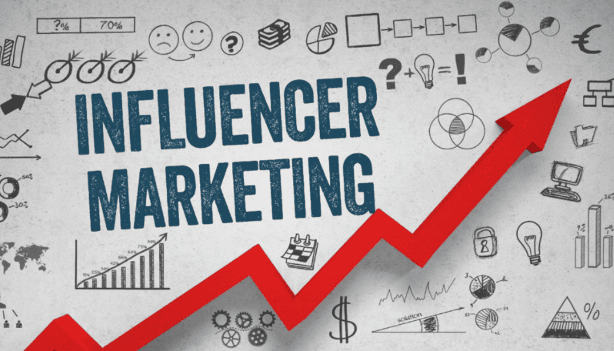 Influencer Marketing is written in art way and there is red color arrow moving gradually towards up side.